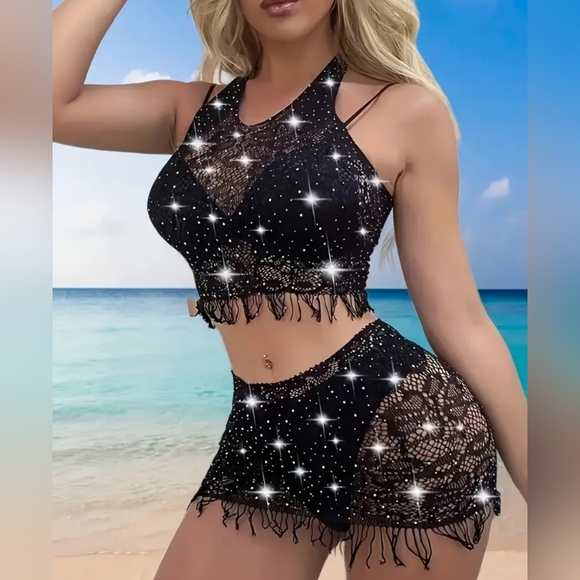 Black Sparkle Women's Swim Coverup Set Preppy Clueless (#1,340) - Picture 2 of 5